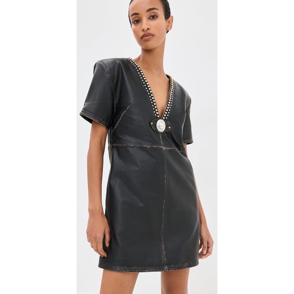 Area NYC Black Distressed Leather Studded Medallion V-Neck Mini Dress Pockets 10